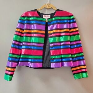 MAGGY LONDON | Vintage Satin Striped Cropped Rainbow Jacket